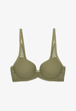 Sutien căptușit verde măsliniu, cu detalii din dantelă pe bretele și bandă, cu un model texturat și un mic accent de fundă în față.
