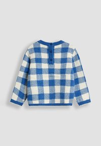 Blau-weißer karierter Strickpullover mit langen Ärmeln und geknöpftem Rückenausschnitt, flach auf einer hellgrauen Oberfläche ausgelegt.