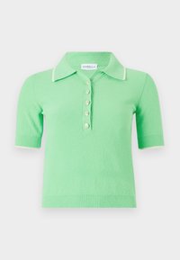 Short-sleeve polo sweater in light green with a textured fabric, featuring a white collared neckline and five decorative buttons.