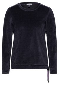 Chemise à manches longues bleu marine foncé en tissu doux et texturé. Présente un col rond et un ourlet ajustable avec des cordons violets de chaque côté.