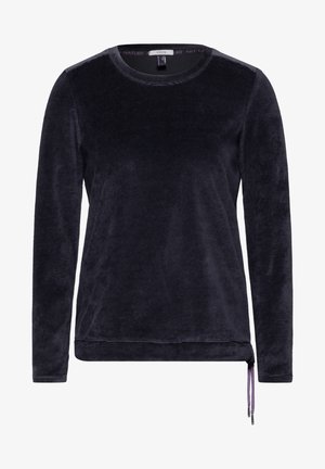 Donker marineblauwe langemouwen shirt van zacht, gestructureerd stof. Heeft een ronde halslijn en een verstelbare onderkant met paarse trekkoorden aan elke zijde.