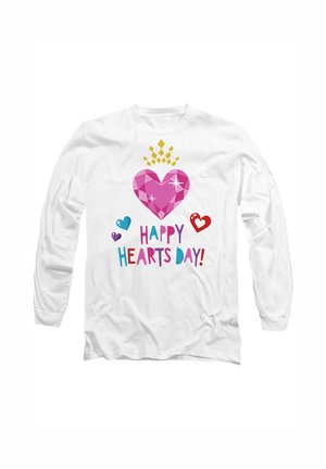 White long-sleeve shirt featuring a large pink gem heart graphic with colorful accent hearts and text that reads "HAPPY HEARTS DAY!" in vibrant colors.