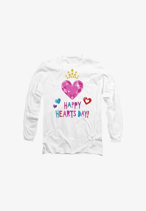 White long-sleeve shirt featuring a large pink gem heart graphic with colorful accent hearts and text that reads "HAPPY HEARTS DAY!" in vibrant colors.