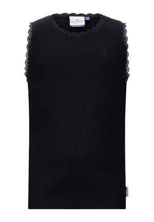 Schwarzes, geripptes Tanktop mit gewelltem Spitzenbesatz am Ausschnitt und den Armöffnungen; verfügt über ein kleines Logo auf der Vorderseite und ein Etikett an der Seite.