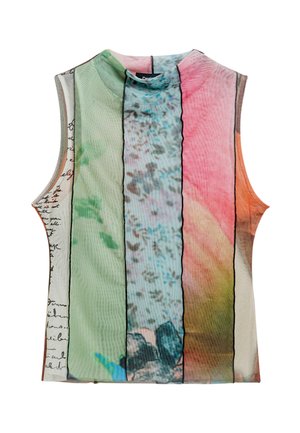 Sleeveless, sheer top featuring a mix of pastel colors and abstract patterns, outlined with black trim. Smooth, lightweight fabric.