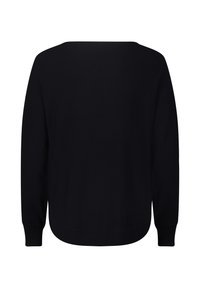 Schwarzer Pullover aus weichem Stoff, mit rundem Ausschnitt, langen Ärmeln und abgerundetem Saum, mit glatter Textur.