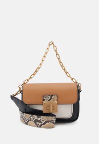Crossbody bag featuring a brown textured flap, black base, and a gold chain strap. The adjustable strap has a snake print pattern. Gold hardware detail.