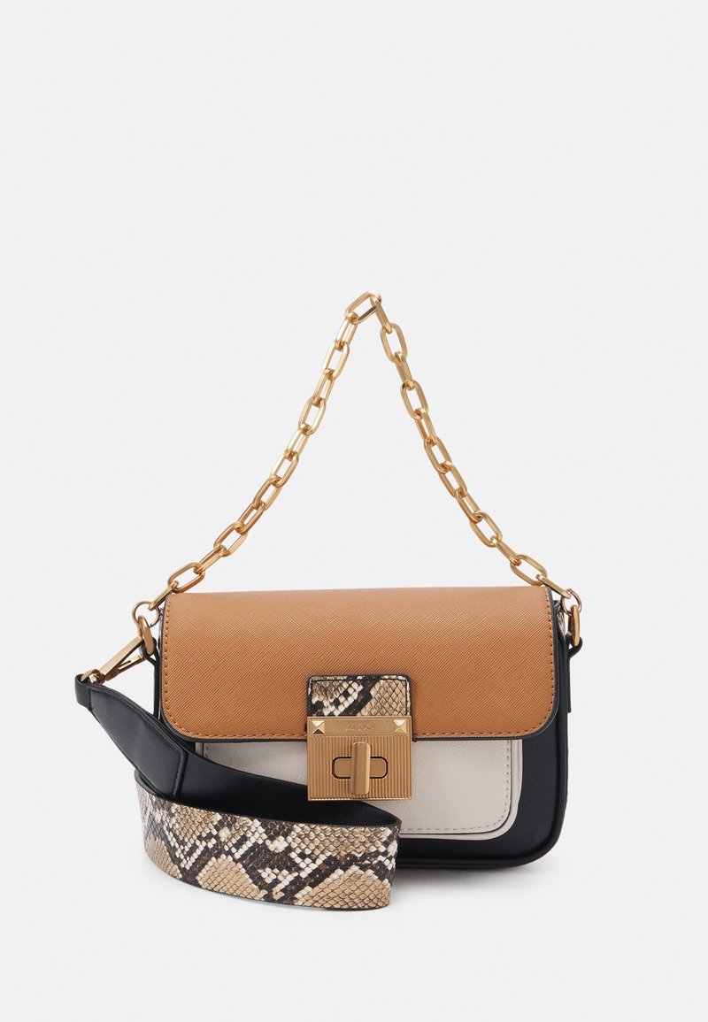 Crossbody bag featuring a brown textured flap, black base, and a gold chain strap. The adjustable strap has a snake print pattern. Gold hardware detail.