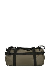 Olivengrønn duffelbag laget av slitesterkt materiale, har svarte stropper og stål, med sylinderform og glidelåsåpning.