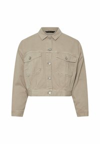 Korthornad beige denimjacka med krage, knapplist fram, två bröstfickor och silverfärgade detaljer. Strukturerad tyg.