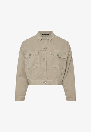 Rövidített bézs farmerdzseki, galléros nyakkal, gombos elülső záródással, két mellzsebbel és ezüst színű fém kiegészítőkkel. Texturált anyag.