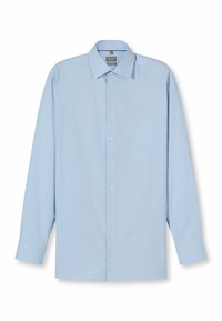 Camicia a maniche lunghe azzurro chiaro in tessuto liscio, con colletto classico, chiusura frontale con bottoni e polsini standard. Nessuna fantasia o decorazione.