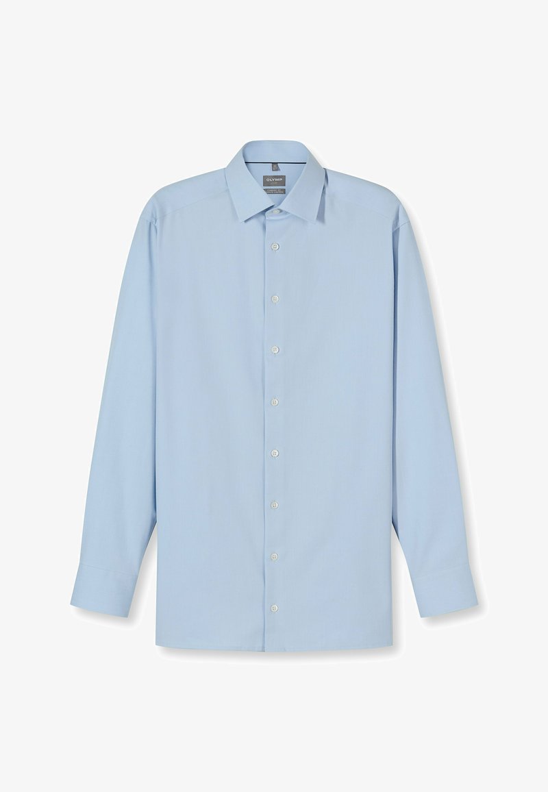 Camicia a maniche lunghe azzurro chiaro in tessuto liscio, con colletto classico, chiusura frontale con bottoni e polsini standard. Nessuna fantasia o decorazione.
