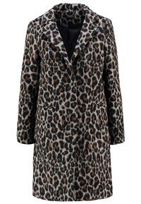 Abrigo largo de estampado de leopardo con cuello de solapa y dos bolsillos frontales de ojal, diseñado para mujeres, en colores marrón, negro y beige.
