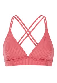 Haut de bikini rose côtelé avec des bonnets triangulaires et des fines doubles bretelles croisées dans le dos, marqué par un petit texte "protest" sur le côté.