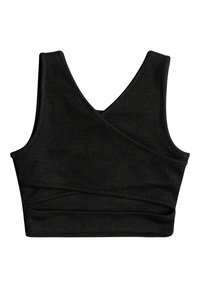 Top corto negro sin mangas con escote en V y un tejido texturizado y elástico. El diseño incluye un detalle de estilo envolvente en la parte delantera.