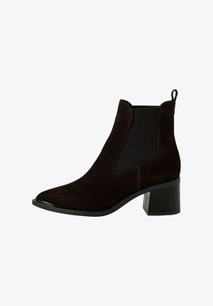 Black suede ankle boot with a block heel, elastic side panels, and a rounded toe. Features stitching details and a pull tab at the rear.