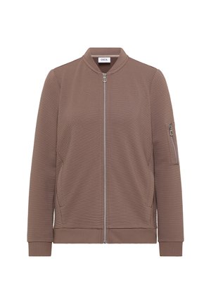 Giubbotto bomber marrone con texture a coste, chiusura con zip e tasca laterale. Presenta un colletto rialzato e polsini e orlo a maglia.