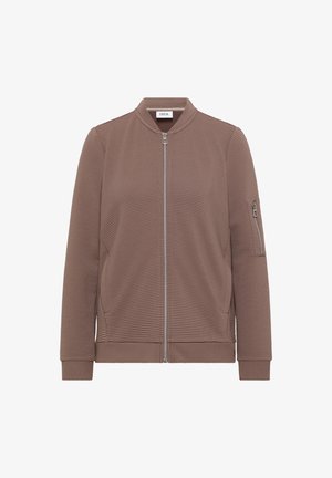 Brown bomber jacket with ribbed texture, zip closure, and a side pocket. Features a stand-up collar and knit cuffs and hem.
