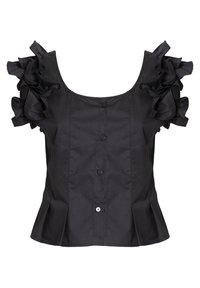 Blusa negra con mangas cortas con volantes, escote redondo y cierre frontal de botones, hecha de una tela suave con una forma ajustada.