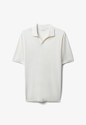 Short-sleeve, v-neck polo shirt in off-white, textured fabric. Features a classic collar and a relaxed fit.