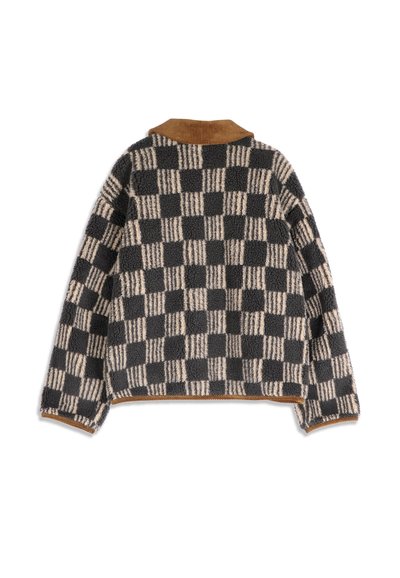 Veste polaire à manches longues avec motif à carreaux noir et beige, col, poignets et bas en velours côtelé marron, vue de dos.
