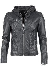 Schwarze Lederjacke mit grauem Kapuzen, ausgestattet mit mehreren Reißverschlusstaschen, taillierter Passform und gesteppten Akzenten. Glatte Textur und modernes Design.