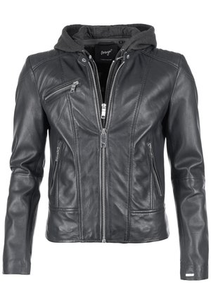 Schwarze Lederjacke mit grauem Kapuzen, ausgestattet mit mehreren Reißverschlusstaschen, taillierter Passform und gesteppten Akzenten. Glatte Textur und modernes Design.