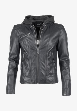 Schwarze Lederjacke mit grauem Kapuzen, ausgestattet mit mehreren Reißverschlusstaschen, taillierter Passform und gesteppten Akzenten. Glatte Textur und modernes Design.