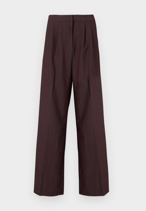 Weite Hosen in dunkelbordeauxfarbenem Stoff. Mit flachem Bund und Vorderfalten. Glatte Textur mit maßgeschneidertem Design.