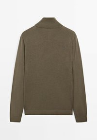 Knit long-sleeve pullover in olive green, featuring a high collar, ribbed cuffs, and a smooth texture. Minimalist design with no patterns or hardware.