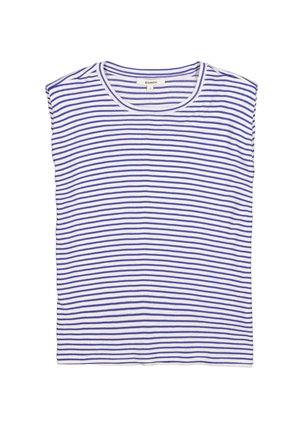 Camiseta de manga corta y cuello redondo, fabricada en algodón, con rayas horizontales blancas y moradas, de corte holgado y dobladillo recto.