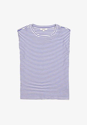 Camiseta de manga corta y cuello redondo, fabricada en algodón, con rayas horizontales blancas y moradas, de corte holgado y dobladillo recto.