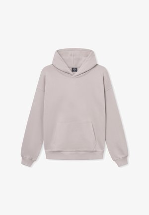Svetlošedá mikina s kapucňou vyrobená z jemnej tkaniny, s prednou vreckovou kapsou, sťahovacou kapucňou a rebrovanými manžetami a lemom. Jednoduchý dizajn, bez viditeľných vzorov.