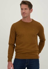 Bruine gebreide trui met een ronde hals en geribde manchetten en zoom, met een klein logo op de borst. Gemaakt in combinatie met blauwe jeans.