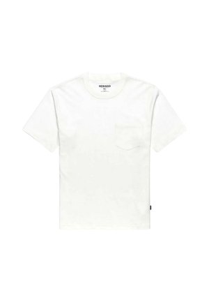 T-shirt bianca a maniche corte con scollo tondo, piccola tasca sul petto e etichetta sulla cucitura laterale.