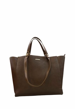 Borsa tote in pelle marrone con finitura testurizzata, hardware dorato e manici doppi. Presenta un ampio design open-top.