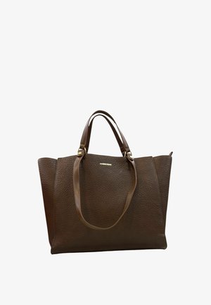 Borsa tote in pelle marrone con finitura testurizzata, hardware dorato e manici doppi. Presenta un ampio design open-top.