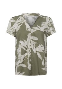 Olivegrünes kurzärmliges Blusenshirt mit V-Ausschnitt, das ein weißes Blumenmuster und eine durchgehende Knopfleiste aufweist. Leichter Stoff mit lockerer Passform.