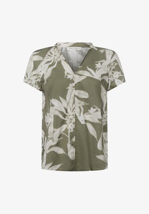 Olijf groene blouse met korte mouwen en V-hals, voorzien van een wit bloemenpatroon en knoopsluiting aan de voorkant. Lichtgewicht stof met een ontspannen pasvorm.