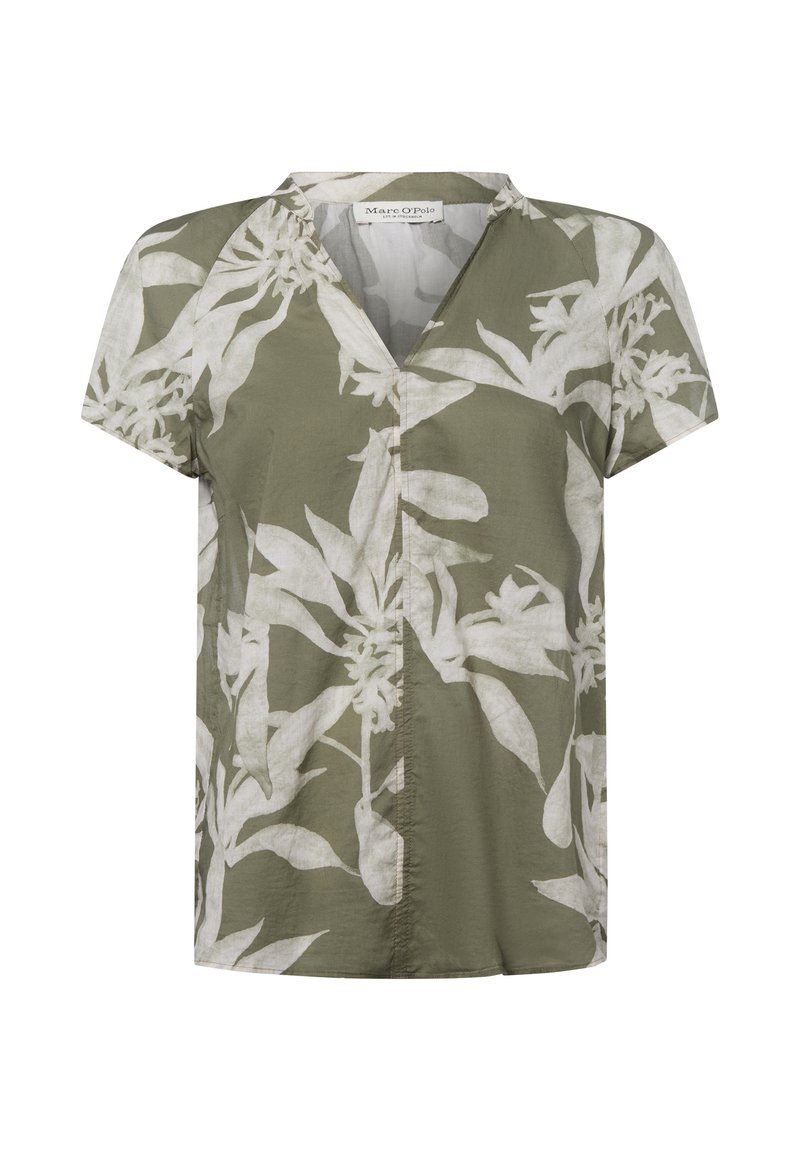Olivegrünes kurzärmliges Blusenshirt mit V-Ausschnitt, das ein weißes Blumenmuster und eine durchgehende Knopfleiste aufweist. Leichter Stoff mit lockerer Passform.