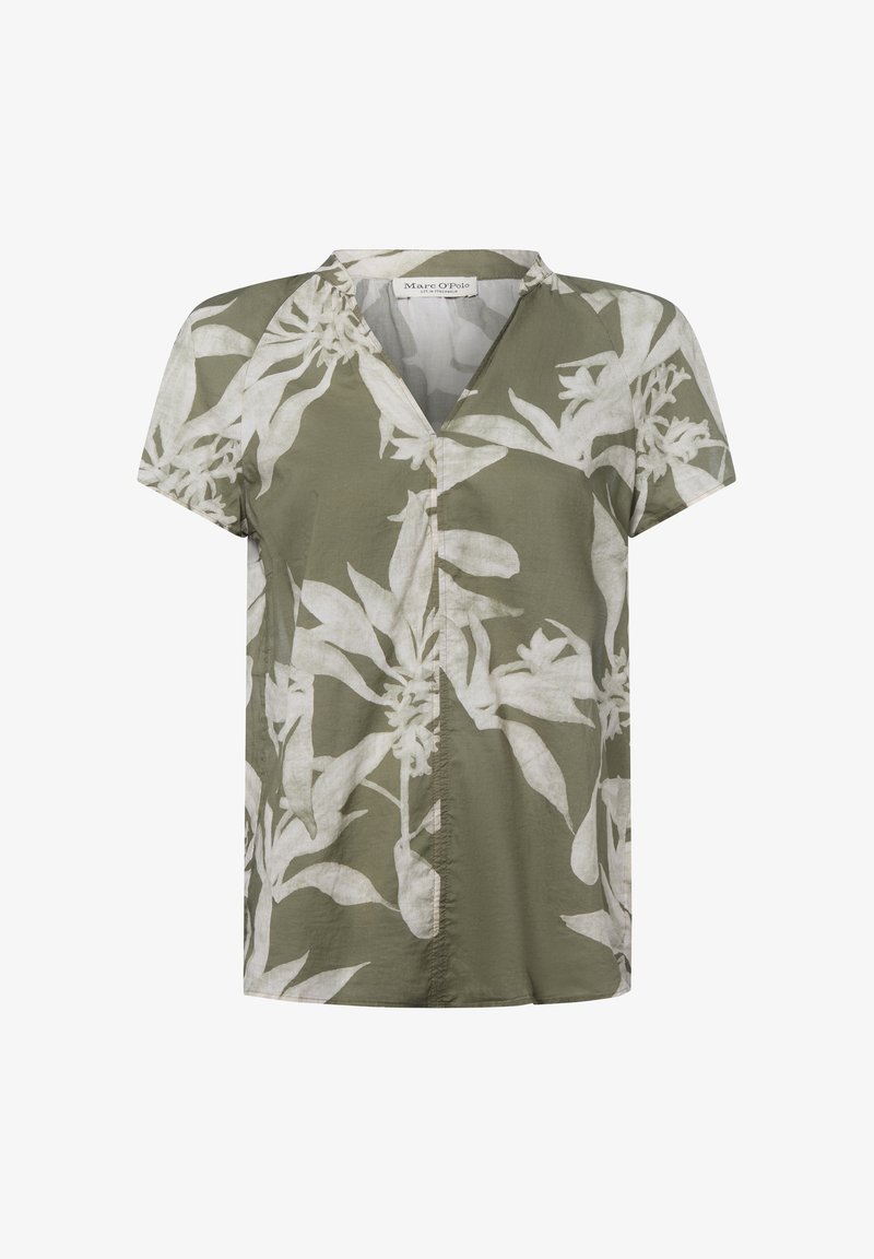 Blouse courte à manches courtes, vert olive, avec un col en V, présentant un motif floral blanc et un devant à boutons. Tissu léger avec une coupe décontractée.