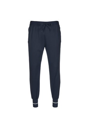 Navyblaue Jogginghosen aus weichem Material, mit elastischem Bund und Kordelzug, seitlichen Taschen und gerippten Bündchen mit weißen Akzenten.