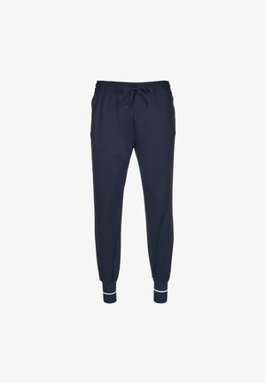 Pantaloni jogger blu navy realizzati in tessuto morbido, dotati di una vita elasticizzata con coulisse, tasche laterali e polsini a costine con dettagli bianchi.