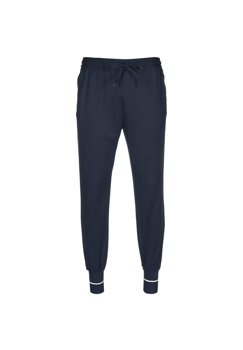 Navyblaue Jogginghosen aus weichem Material, mit elastischem Bund und Kordelzug, seitlichen Taschen und gerippten Bündchen mit weißen Akzenten.