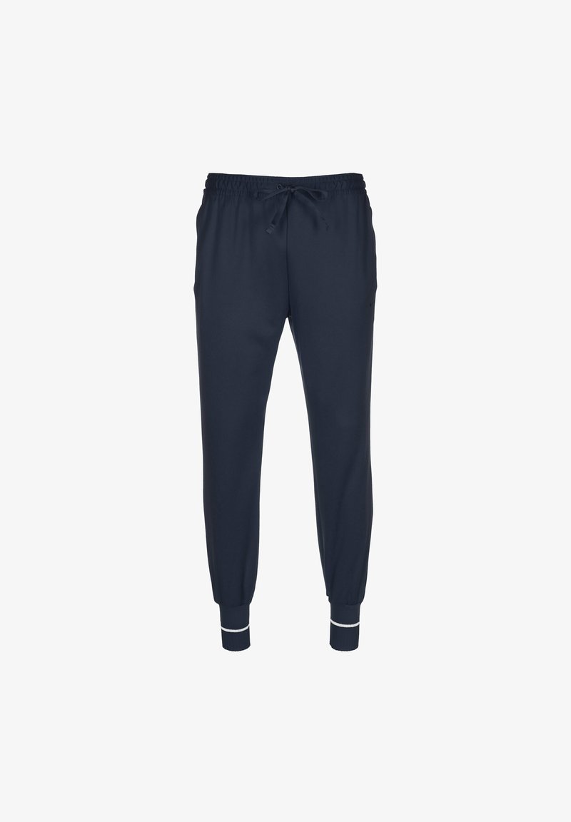 Navyblaue Jogginghosen aus weichem Material, mit elastischem Bund und Kordelzug, seitlichen Taschen und gerippten Bündchen mit weißen Akzenten.