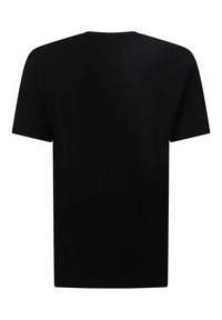 Schwarzes Baumwoll-T-Shirt mit Rundhalsausschnitt und kurzen Ärmeln. Einfaches einfarbiges Design, glatte Textur und reguläre Passform ohne Logos oder Muster.