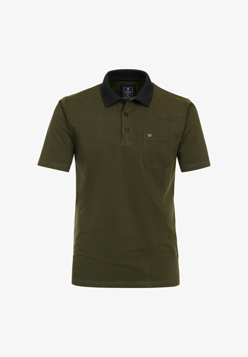 Olive green polo shirt in textured fabric with a black collar, three-button placket, and a chest pocket accented with a small logo.