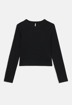 Top scurt negru, cu mâneci lungi, tricotat cu model rib și decolteu rotund, afișat întins pe un fundal alb.