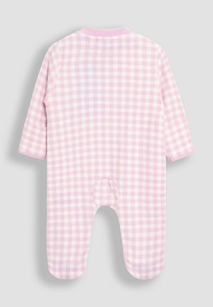 Lyserød gingham-mønstret babydragt, lange ærmer, blødt bomuldsstof, rund krave, med trykknaplukning i bunden for nem bleændring.